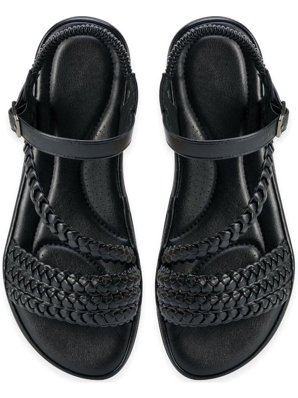 Women's Black Leather Straps Flat Lightweight Sandals With Buckle Summer Shoes